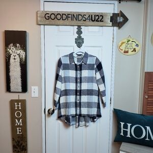 Soft Surroundings Carreaux Blue Plaid Shirt XS Linen Blend Button Up 3/4 Sleeves